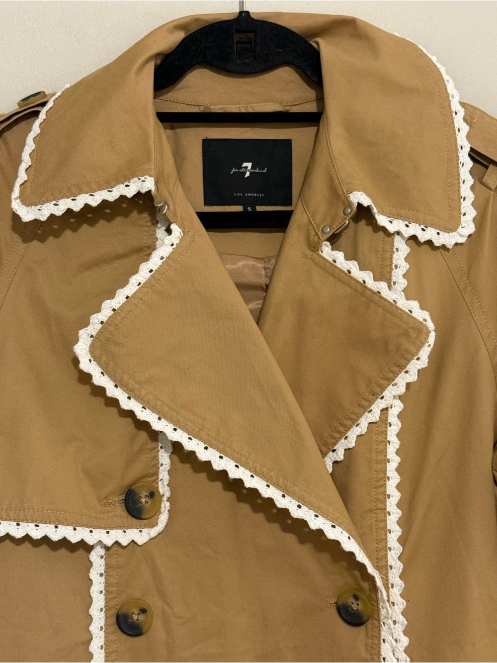 Camel Trench Coat White Ric Rac Trim Belted Double Breasted Statement Jacket - Picture 7 of 9